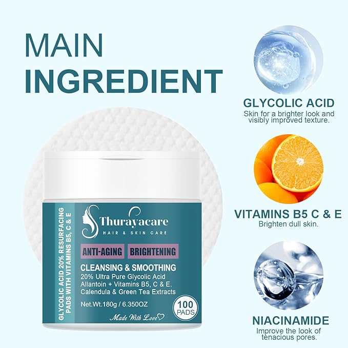Glycolic Acid 20% Exfoliating Pads – Anti-Aging Face Pads with Vitamins B5, C, E, Allantoin & Niacinamide – Resurfacing, Brightening & Pore Cleansing – 100 Count