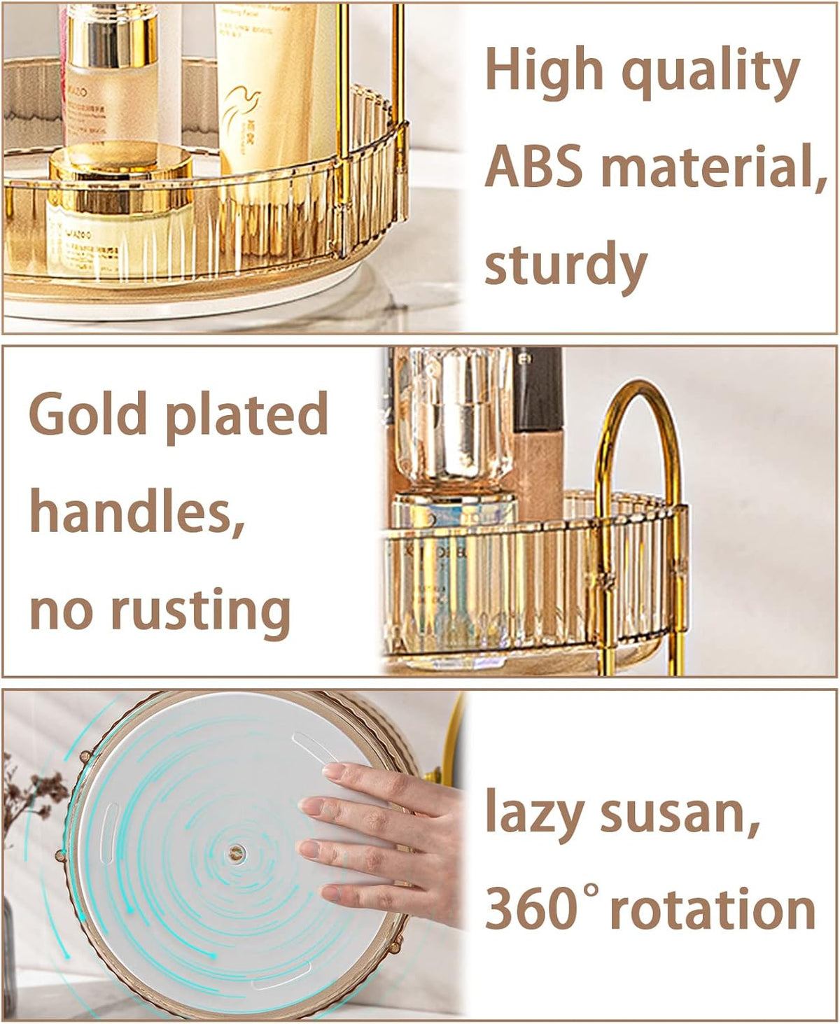 Rotating Makeup Organizer for Vanity, High-Capacity Skincare Clear Make Up Storage Perfume Organizers Cosmetic Dresser Organizer Countertop 360 Spinning (Gold, 1 Tier)
