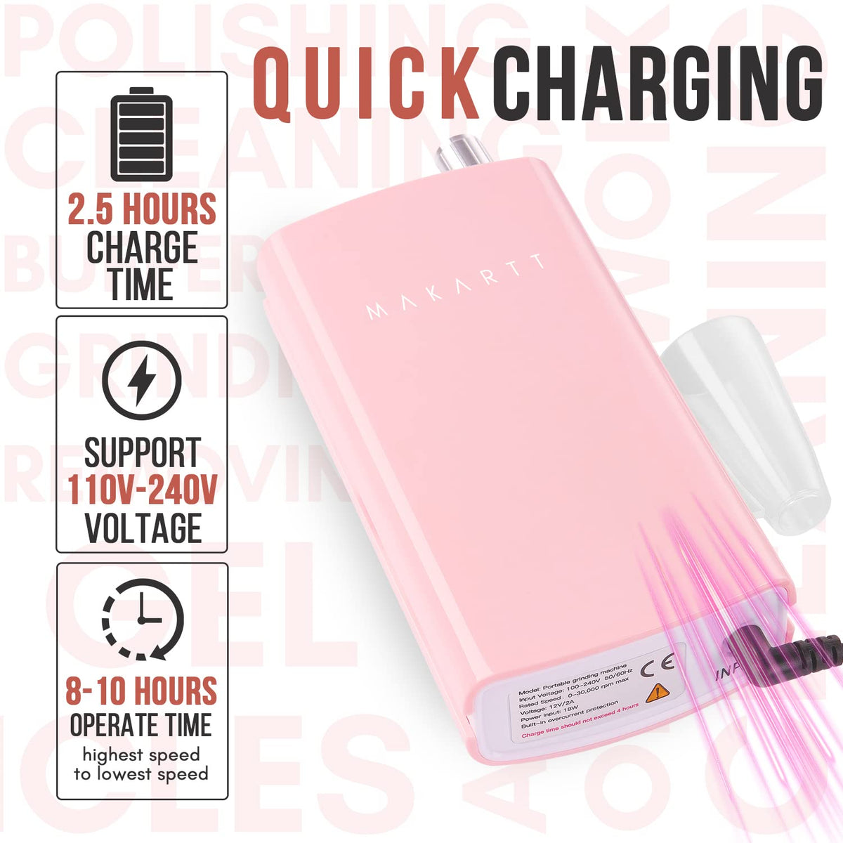 Makartt Nail Drill Professional, Rechargeable Nail E File 30000RPM Electric Nail Drill, Malory Pink Portable Gel Nail Remover Machine with Nail Drill Bits & Sanding Bands for Manicure Salon Home Use
