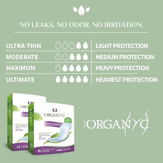 Organyc Certified Organic Cotton Pads for Incontinence, Certified Odor Control, Free from Perfumes, Dyes, Plastics, and Chemicals, FSA/HSA Eligible, Ultimate Flow, 14 Count(Pack of 4)