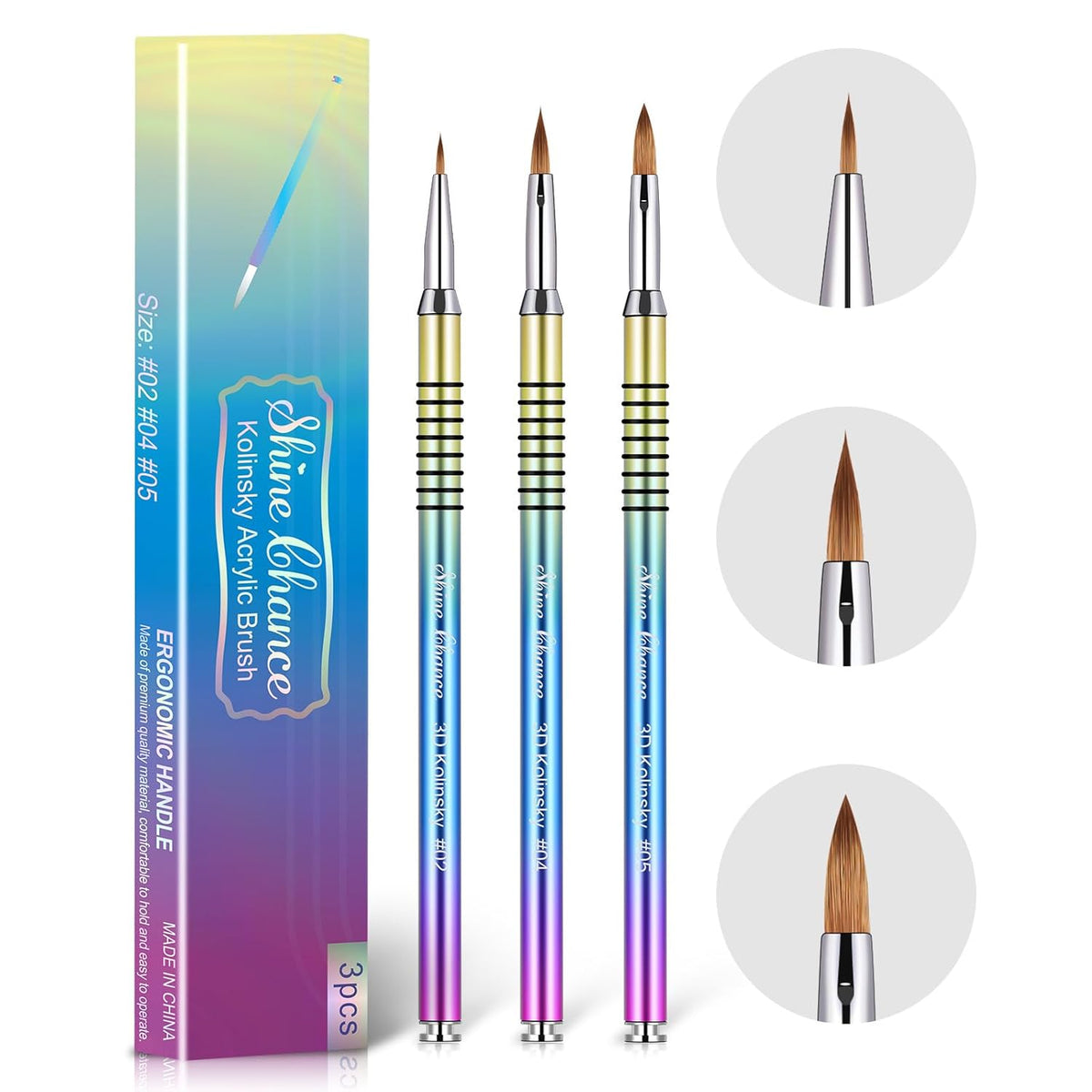 3Pcs Acrylic Nail Brushes Set Size 2 4 5, Kolinsky Hair Acrylic Nail Art Brush, Art Design & Polish Mistake Cleaning Manicure Tools for Women Acrylics Application, Gradient