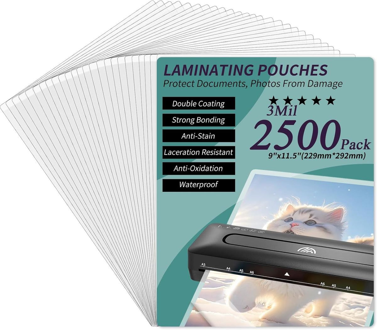 Laminating Sheets - 3Mil 2500 Pack Thermal Laminating Pouches, 9"x11.5" Clear Laminate Sheets for Schedules, Menus, Certificates, Art Drawings, Round Corner