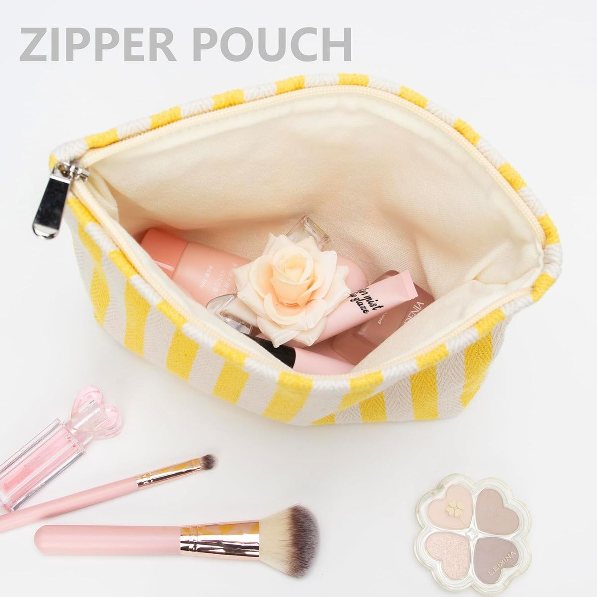 PAZIMIIK Makeup Bag Large Cotton Zipper Pouch for Purse Travel Canvas Make Up Organizer for Women Cosmetic,Stripe Yellow