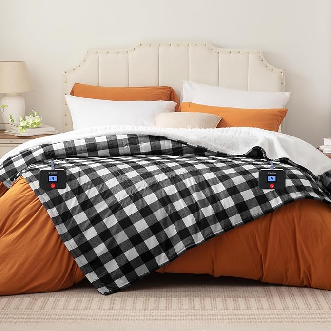 Westinghouse Electric Blanket Queen Size, Soft Flannel to Sherpa Heated Blanket with Dual Control 10 Heating Levels & 1 to 12 Hours Auto-Off, Machine Washable, Fast Heating, 84 * 90 Inch, Black