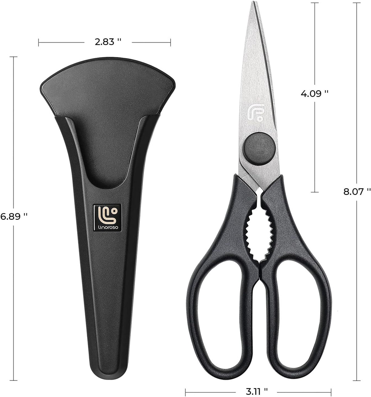 Linoroso Kitchen Shears Heavy Duty Kitchen Scissors with Magnetic Holder, Dishwasher Safe Scissors All Purpose Come Apart Blade Made with Japanese Steel 4034 for Meat/Vegetables/BBQ/Herbs, Black