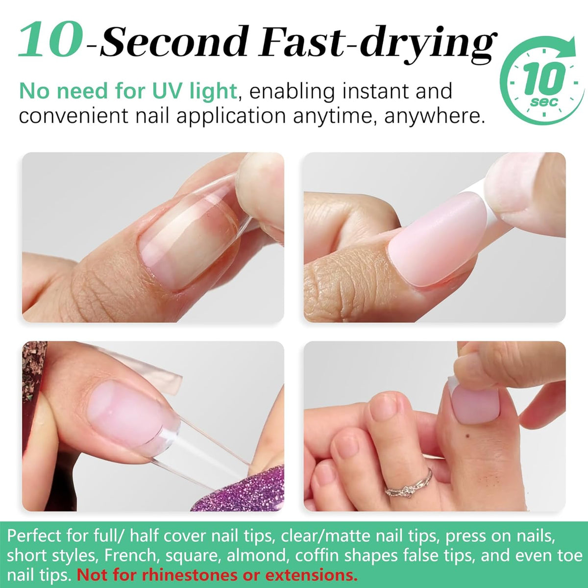 Nail Glue & Nail Glue Remover for Press On Nails, 10g Semi Sold Glue No Curing Needed, 10ml Gentle Quick Remove Not for Gel Polish Base Coat, Upgraded Long Lasting 28+ Days Fake Acrylic Tips