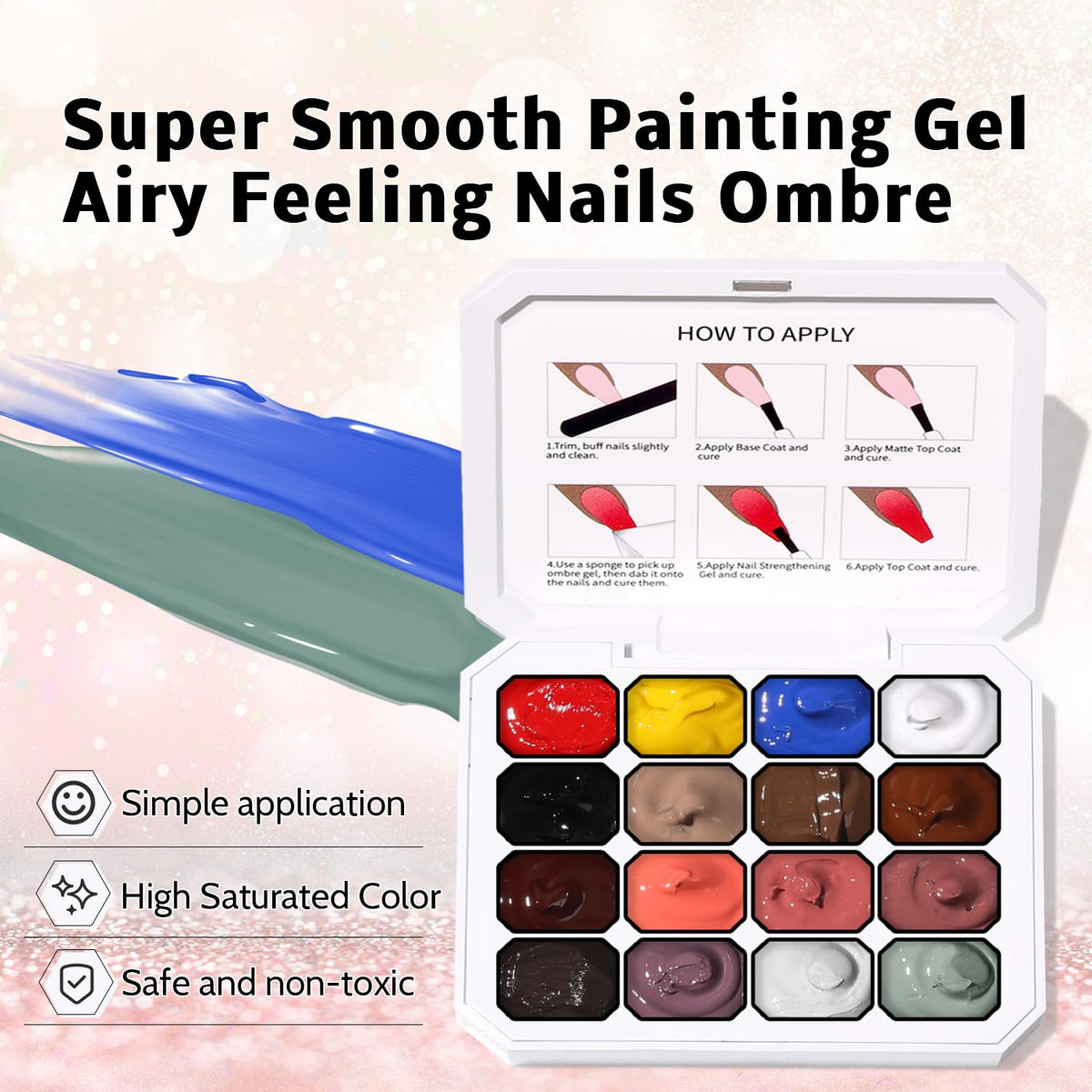 Sponge Pat Paint Nail Gel, Ombre Nails Gradient Gel Nail Blush Blooming Aura Nails Drawing Stripper Floral Painting DIY Nail Art, No Wipe, UV/LED Curing (16 Colors C)