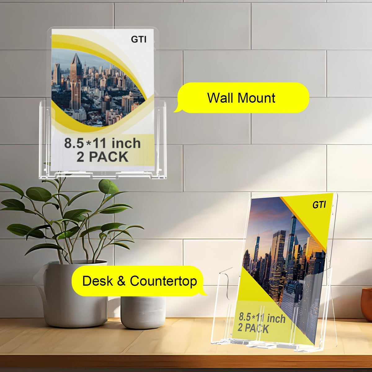 GTI Acrylic Brochure Holder 8.5 x 11 inch, 2 Packs Brochure Display Stand for 4’’ Trifold Pages, Clear Flyer Display Holder for Magazine, Pamphlet, Booklets, Menu,Journals