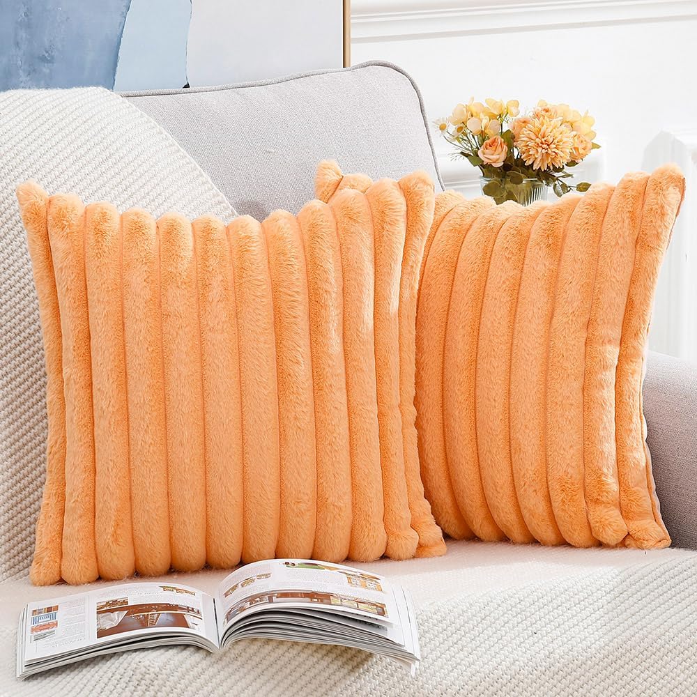 MADIZZ Set of 2 Faux Wool Plush Decorative Throw Pillow Covers 26x26 Inch Orange Fluffy Striped Soft Decorative Cushion Cover for Sofa Bedroom Pillow Shell