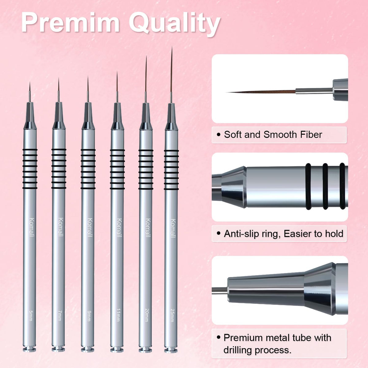Metallic Nail Art Brushes, 6Pcs Non Slip Liner Brush Set, UV Gel Polish Painting Art Design Pen for Long Lines, Thin Details, Fine Drawing Sizes 5/7/9/11/20/25mm(Silver)