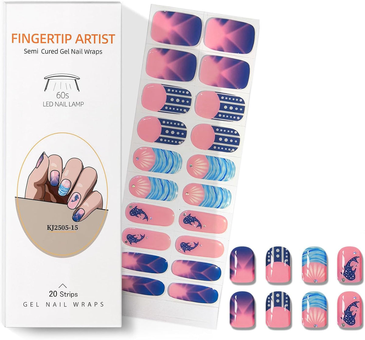 Semi Cured Gel Nail Strips with Shark Designs Gel Nail Stickers Blue Glossy French Tip Salon Quality & Easy to Use 20 Pcs for Women