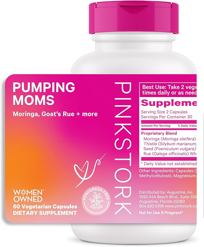 Pink Stork Pumping Moms Lactation Supplement - Support Breast Milk Supply and Flow with Goat's Rue, Milk Thistle and Moringa, Fenugreek-Free, Breastfeeding Essentials for New Moms - 60 Capsules