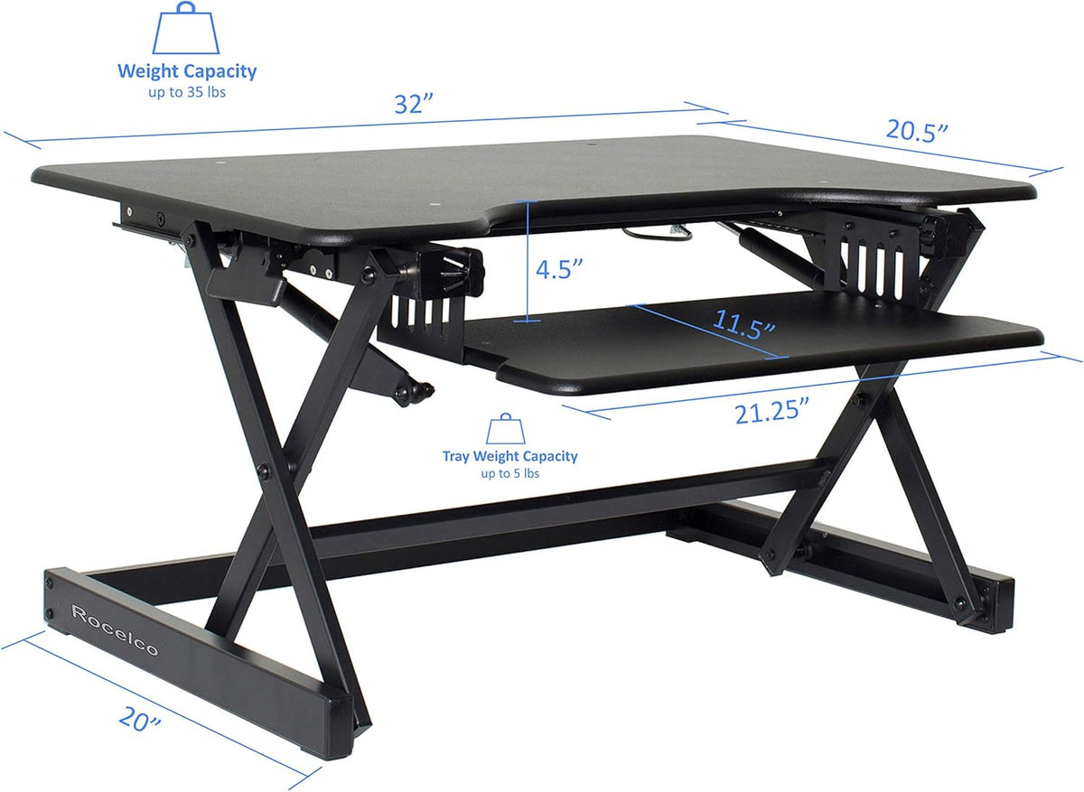 Rocelco 32" Height Adjustable Standing Desk Converter - Sit Stand Computer Workstation Riser - Dual Monitor Retractable Keyboard Tray Gas Spring Assist - Black (R EADRB2)
