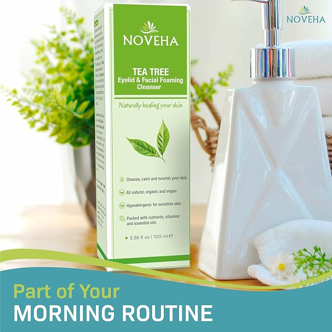 NOVEHA Tea Tree Oil Foaming Cleanser - Therapeutic Daily Skincare For For Eyelash & lids, MGD, Stye Eyes, Skin Dryness, Moisturize with Organic Ingredients, For All Skin Types (2 Pack)