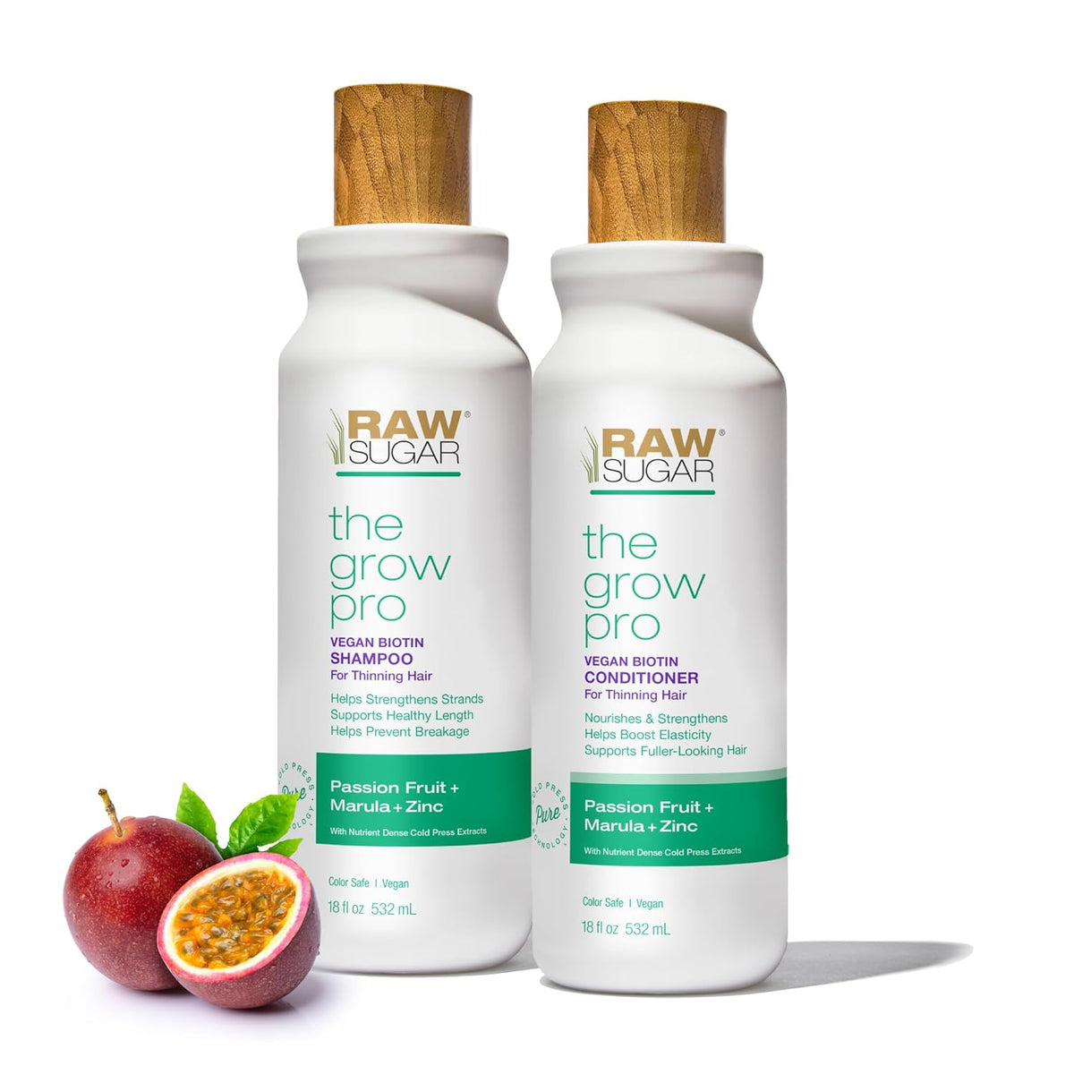 Raw Sugar Grow Pro Hair Care Bundle- Shampoo & Conditioner with Vegan Biotin for Anti-Thinning & Pro-Lengthening, Passion Fruit & Marula for Fuller Hair, Formulated without Sulfates + Parabens