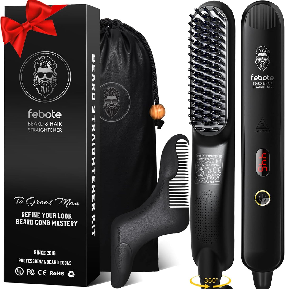 Heated Ionic Hair Straightening Brush for Men - 5 Temperature Settings, Anti-Scald, Beard Shaper & Travel Bag