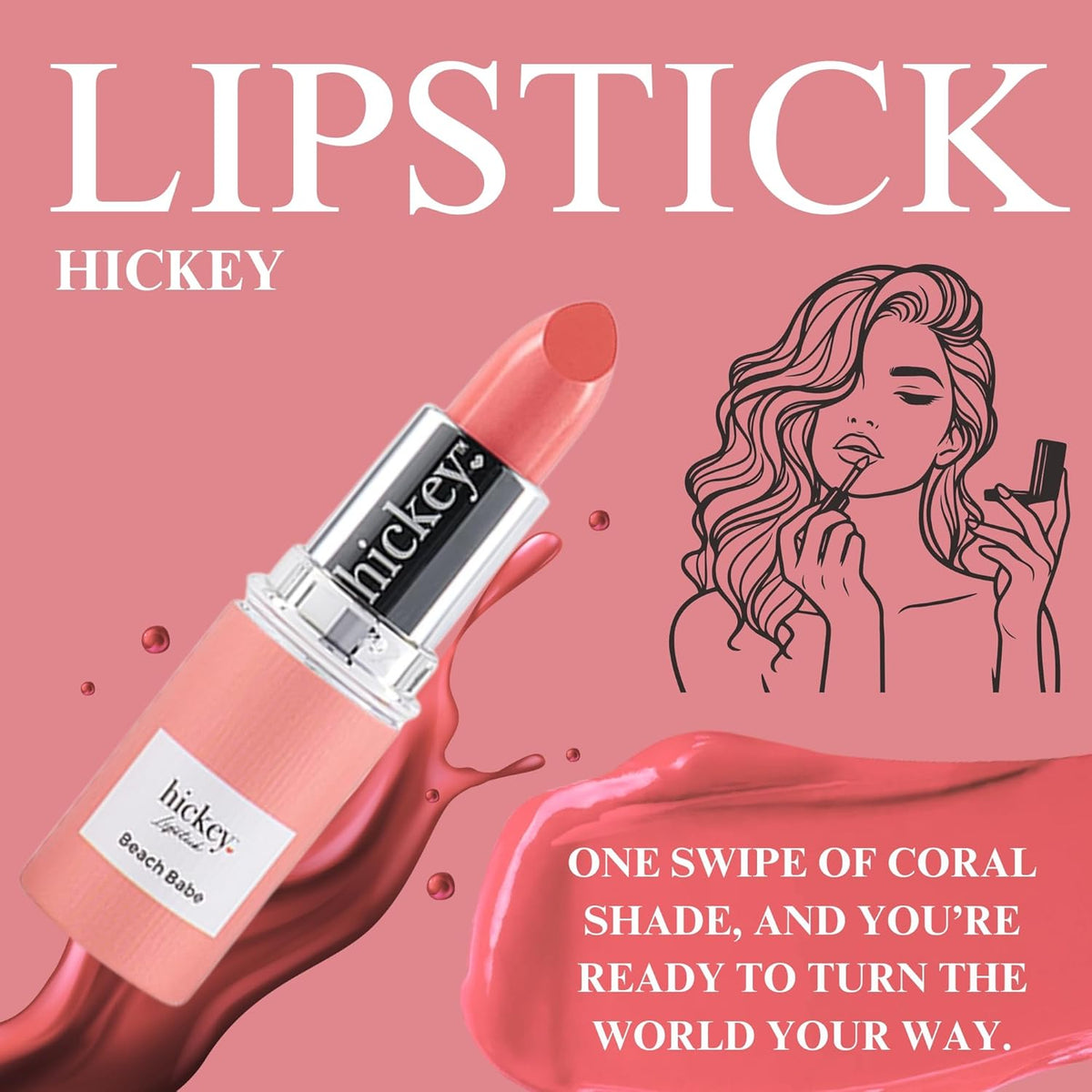Hickey Lipstick for Women, Organic Beach Babe Coral Lipstick Refill - Hydrating & Moisturizing Long Lasting Lipstick - Vegan & Gluten-Free with Velvet Finish - Highly Pigmented, Smooth & Creamy Makeup