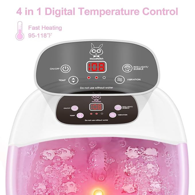 Foot Spa Bath Massager with Heat Bubbles and Vibration Massage and Jets, 16 OZ Calming Lavender Foot Soak Epsom Salt, Foot Soaker with Red Light, 22 Massage Rollers, Adjustable Temp - Pink