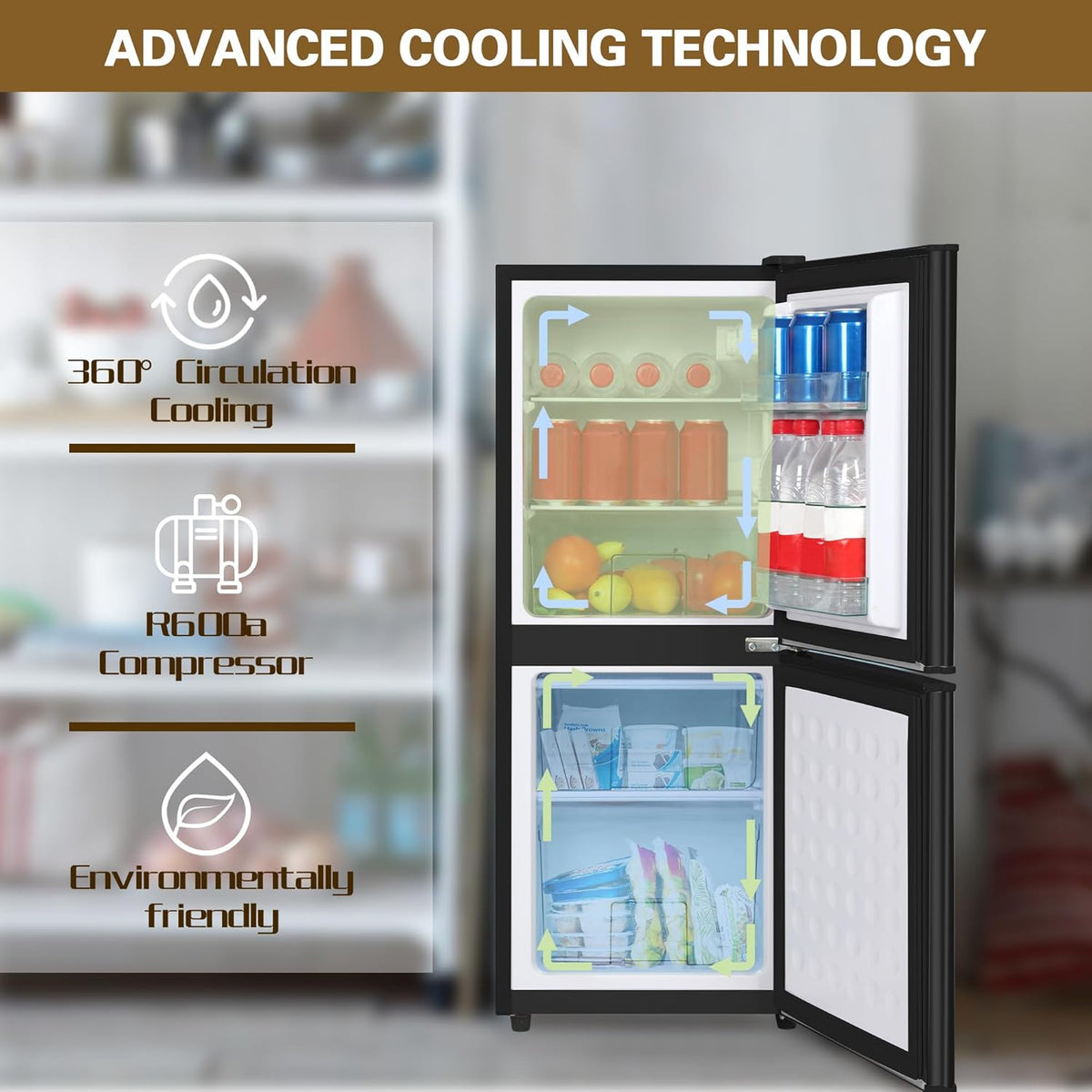 Small Refrigerator with Freezer for RV 4.2 Cu. Ft. Mini Fridge with Bottom Freezer, 7-Level Temperature Control Dorm Fridge for Kitchen, Office, Apartment, Black