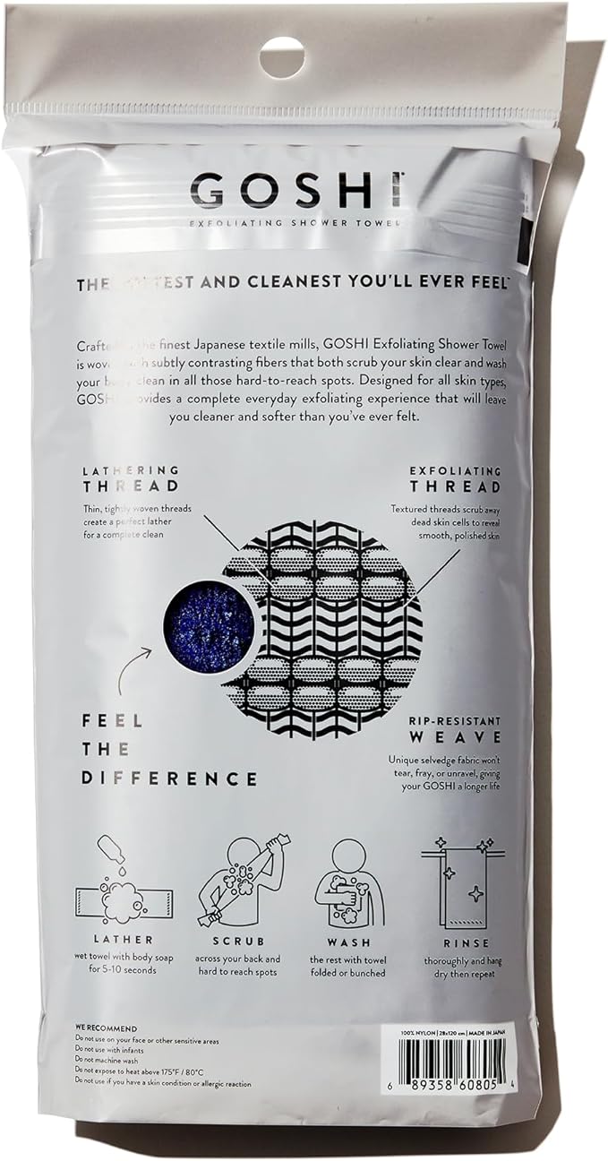 GOSHI Exfoliating Shower Towel - Rip-Resistant Exfoliating Washcloth for All Skin Types - Indigo Blue - Made in Japan