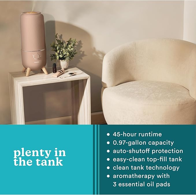 Homedics Ultrasonic Humidifier, Bedrooms and Home Offices, 0.97-Gallon Tank, 45-Hour Runtime, Visible Ultra-Quiet Cool Mist, Aromatherapy, Demineralization Cartridge, Night-Light, Auto-Off, Taupe