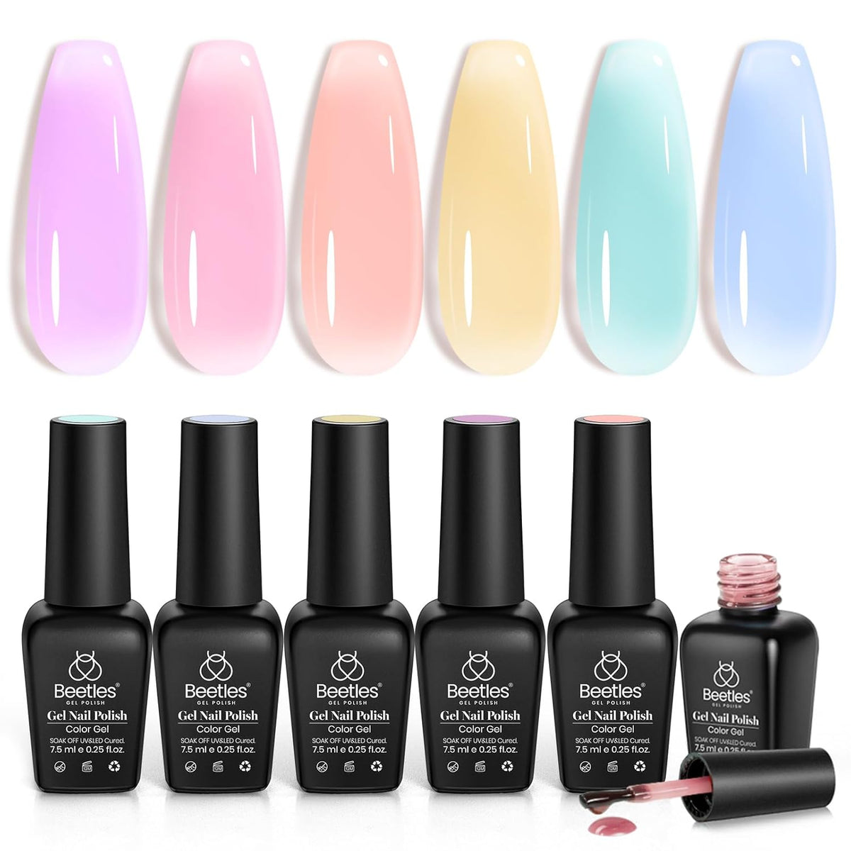 Beetles Pastel Gel Nail Polish Set, 6 Colors Jelly Gel Polish Kit Pink Blue Purple Orange Yellow Green Translucent Effect Soak Off UV Candy Sweet Collection French Nail Gift for Women
