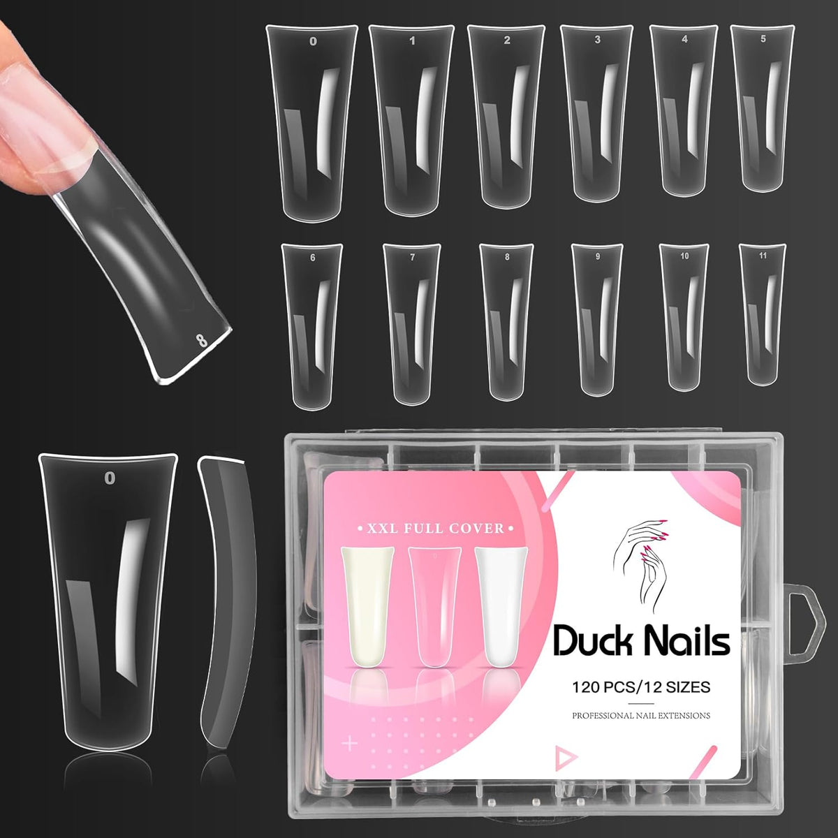 Ranrose Duck Nail Tips - 120pcs Extra Long Duck Feet Style Full Cover False Nail 12 sizes XXL Clear Press on Nail for Acrylic Nails Professional Y2K Nail Salon
