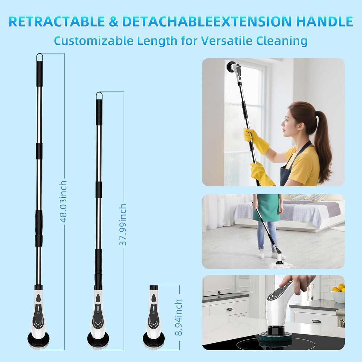 White Electric Spin Scrubber, Cordless Spin Scrubber with 8 Replaceable Brush Heads, Electric Scrub Brush with Adjustable Extension Handle, Electric Cleaning Brush for Bathroom, Tile and Bathtub