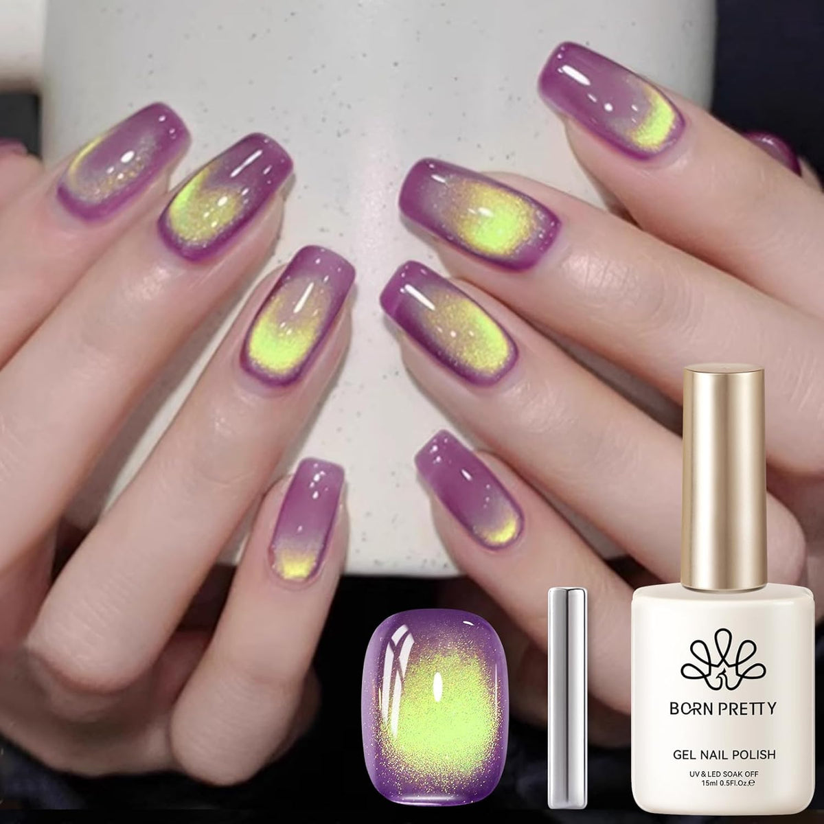 BORN PRETTY Cat Magnetic Eye Gel Nail Polish, Magenta Yellow Cat Glitter Cat Magnetic Gel Nail Polish Honey Trap Magnetic Nail Polish for Nail Art Manicure Salon DIY at Home 15ML