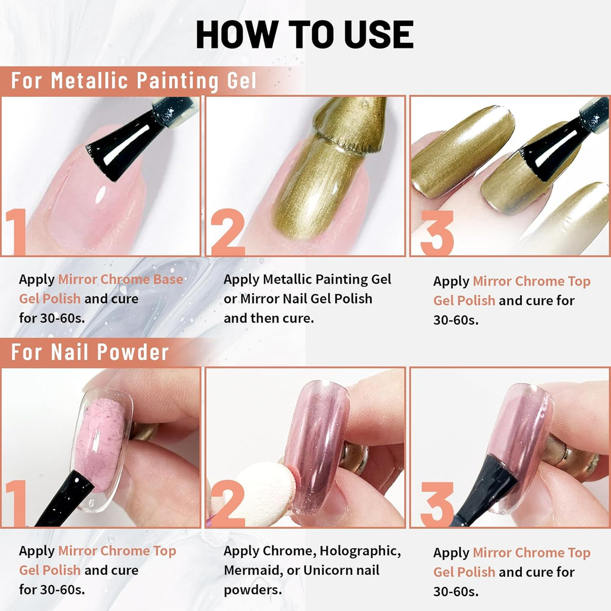 15ml Top Coat and Base Coat Set for Metallic Mirror Painting Gel, No Wipe Clear Top and Base Coat for Nail Polish, Chrome Nail Powder