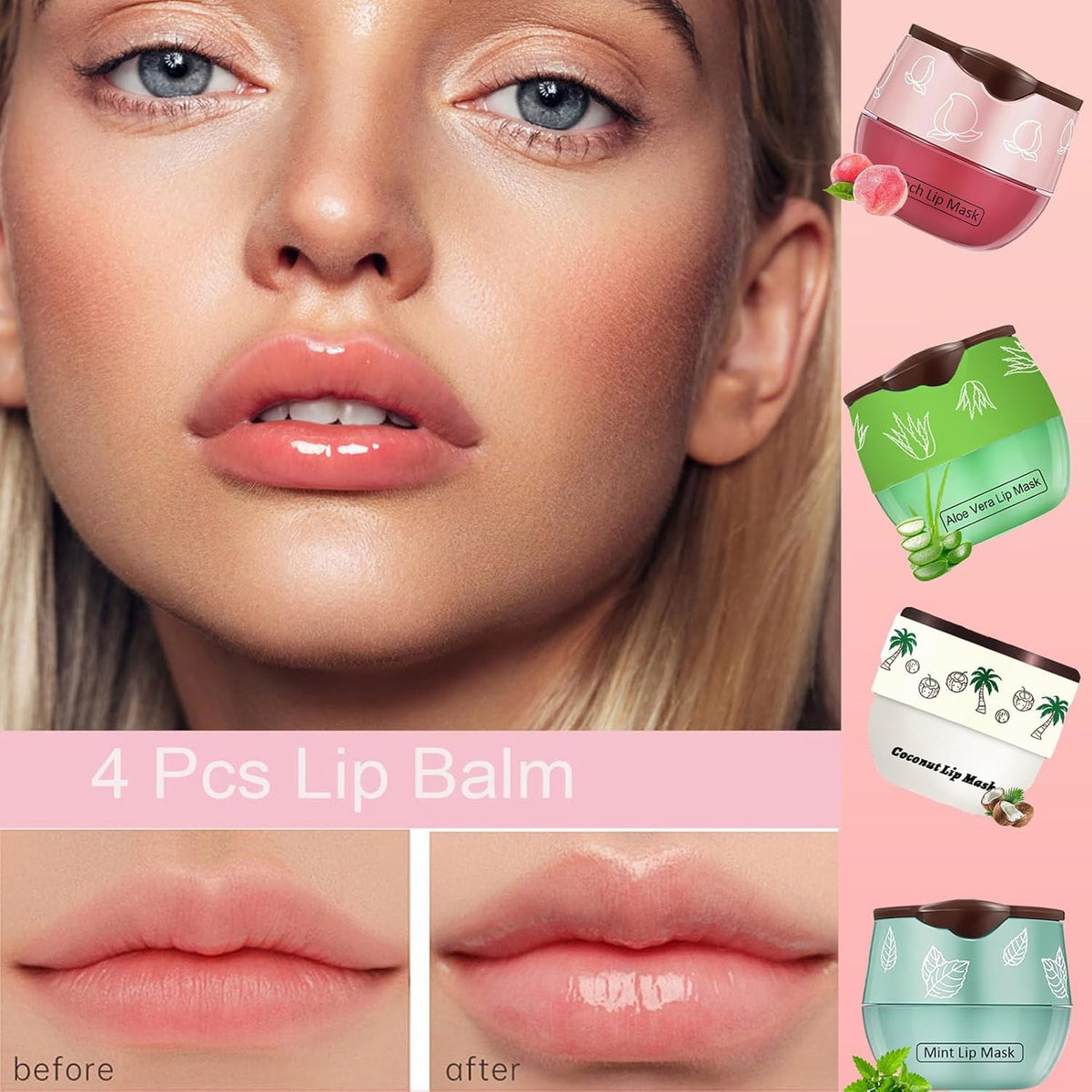4 PCS Bee Lip Balm Honey Pot, Coconut Aloe Vera Peach Mint Sleeping Lip Mask Overnight with Sticks, Exfoliating Prevention Dry and Crack Lip Scrubs
