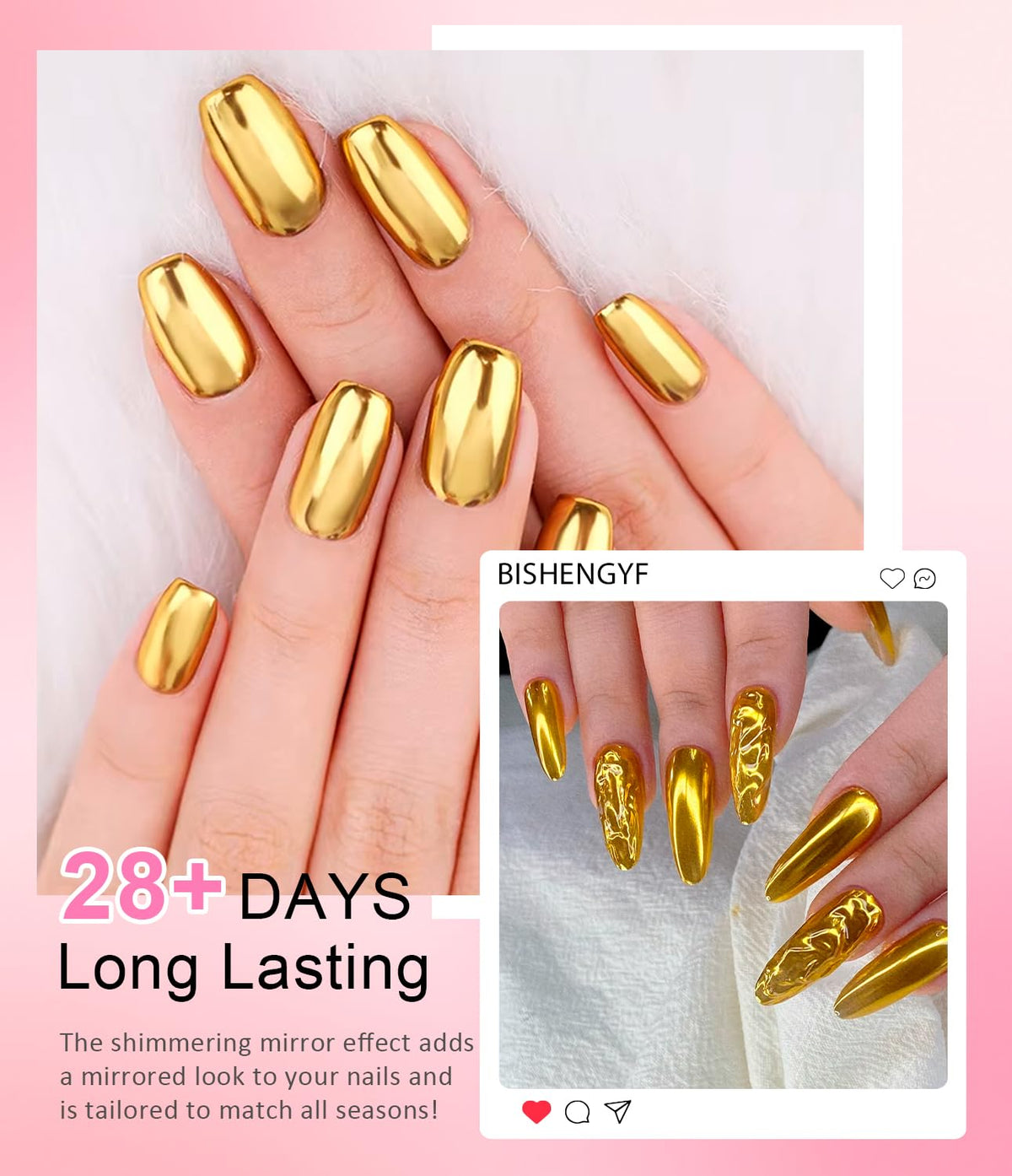 Chrome Nail Powder -【Super Metallic Mirror Effect】Pink White Gold Chrome Powder Shiny Nail Glitter Chrome Powder Nail Powder Pigment for Nail Art Design Decoration