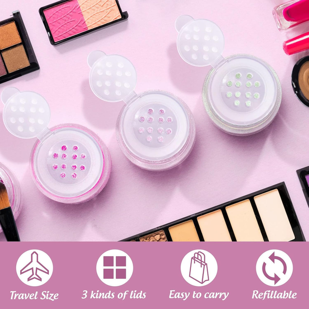 RAYNAG 6 Pieces Mini Empty Loose Powder Bottle Travel Cosmetic Glitter Powder Eye Shadow Shaker Bottle with Sifter and Lids (12 holes)