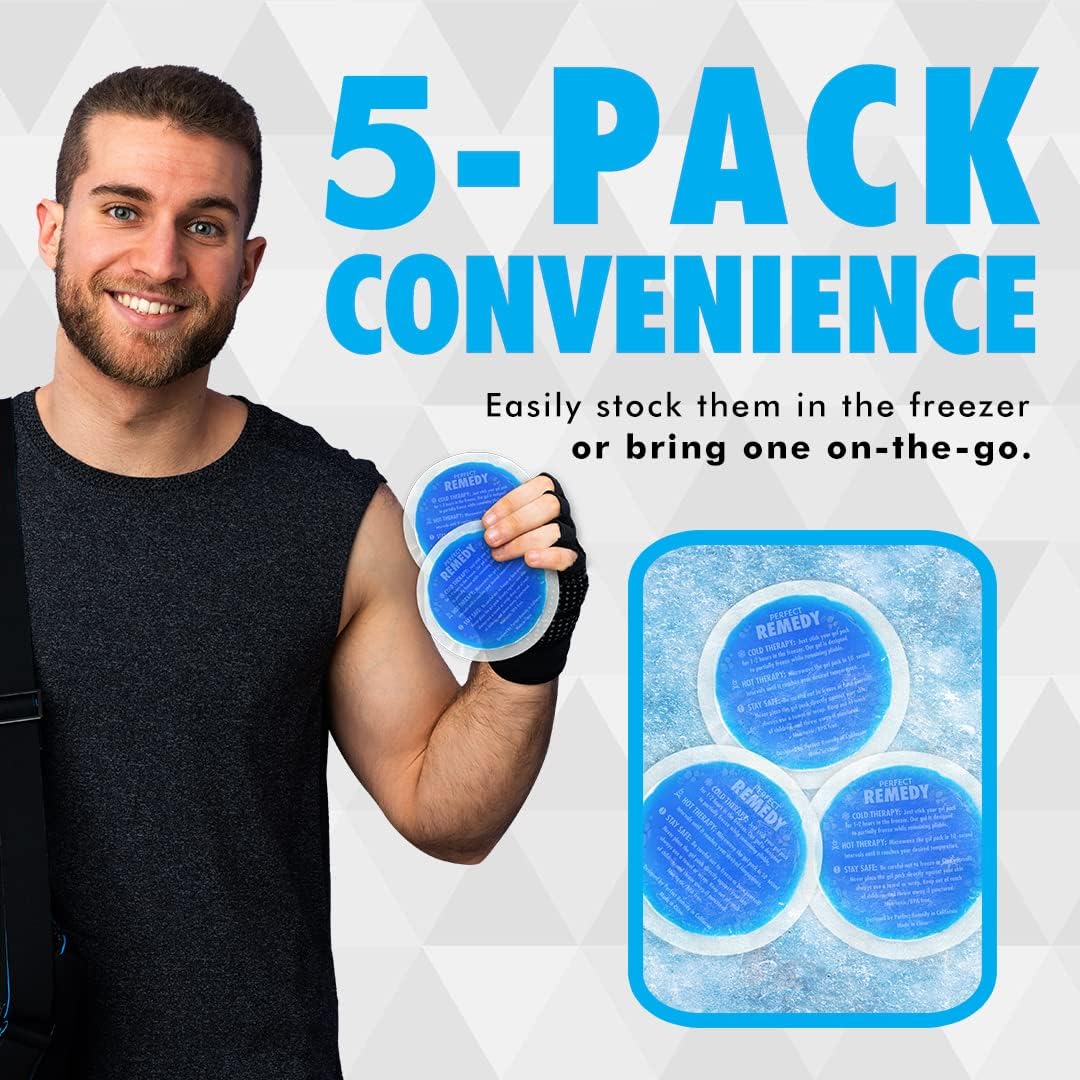 Perfect Remedy Round Gel Ice Pack, Hot & Cold Compress Reusable Injury Ice Pack Aid for Pain condition, Soothing Soft Gel for Soreness & Muscle Strain Support, Hot Water Bottle Alternative (5Pk, Blue)