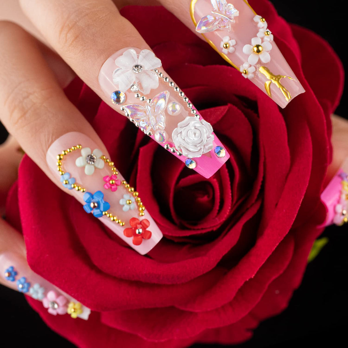 Mixed 3D Nail Art Gem Decoration Accessories Kit #9, Butterfly Starry AB Rhinestone Charm Jewelry for Deco, Pearl Flower Caviar Bead Stone Crystal with Pickup Pencil and Tweezer