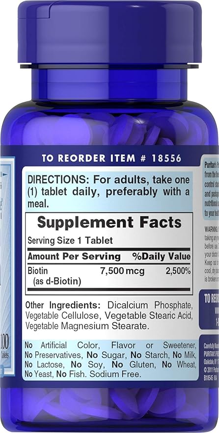 Puritan's Pride Biotin 7500 mcg, Healthy Hair Support, 100 Count, 100 Count (Pack of 1)