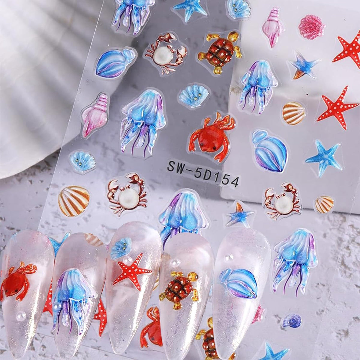 4 Sheets Summer Nail Stickers for Nail Art 5D Summer Nails Decals 3D Self-Adhesive Nails Supplies Accessories Shell Jellyfish Starfish Stickers for Women Nails Decoration