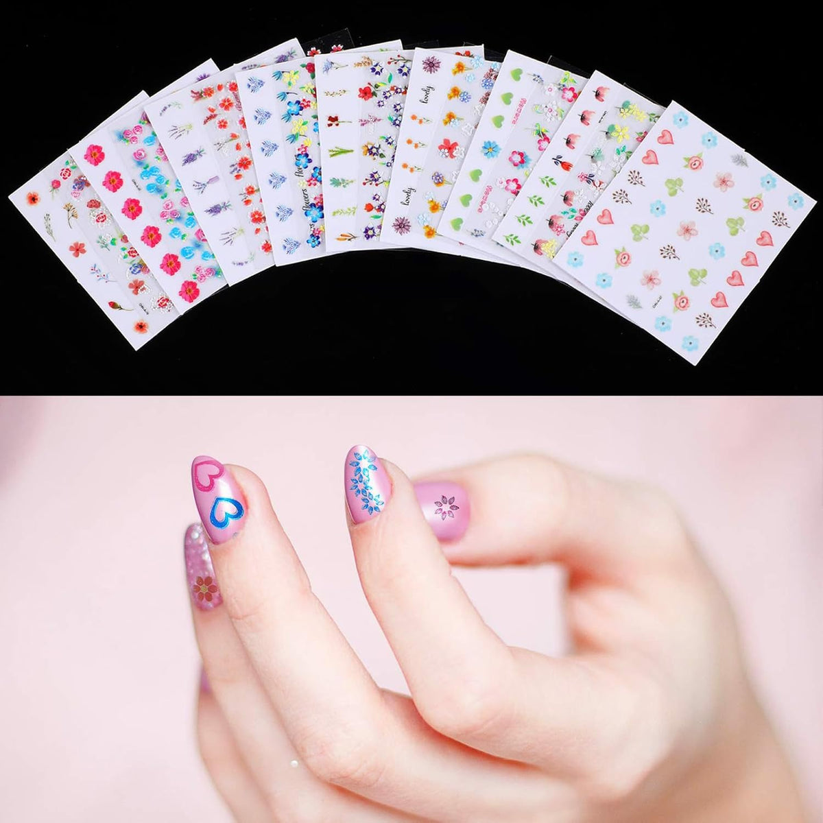 Blulu 5000 Pcs Flower Nail Stickers 100 Sheets 3D Self Adhesive Nail Stickers Multi Design Decals Multicolor Flower Manicure Decals with Tweezer(Retro Floral Series)