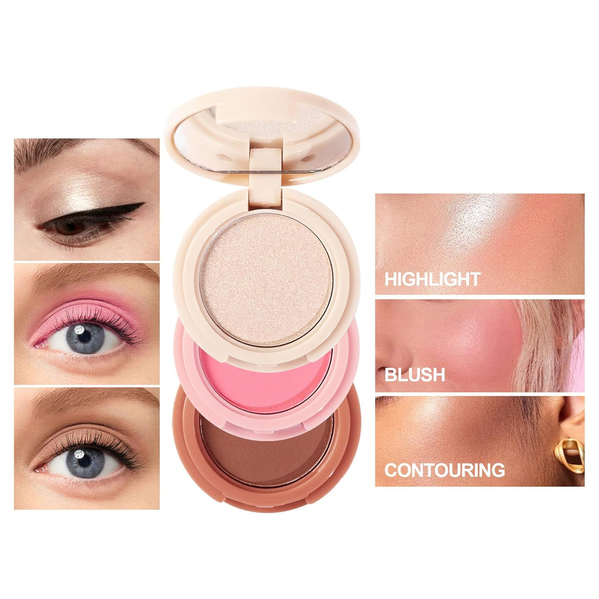 Makeup Eyeshadow Palettes, 3-in-1 Protable Multifunction Blush Highlighter Contour Palettes with 3 Trend Colors for Daily Natural Luster Makeup, Waterproof Long Lasting - 2 Pack #1