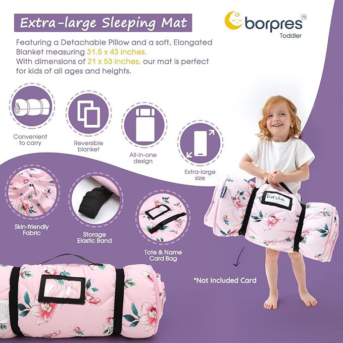 Nap Mat with Pillow Blanket Set: Sleeping Mats for Toddler Kids - Thick Large Roll up Slumber Bag for Daycare Preschool Kindergarten Boys Girls