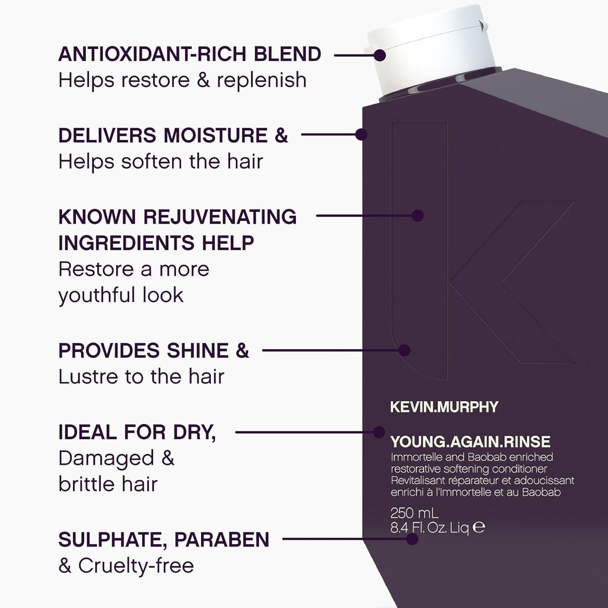 KEVIN.MURPHY YOUNG.AGAIN.RINSE - Moisturising Anti-Ageing Conditioner - For Ageing, Dry, Damaged & Brittle Hair - Hair Repair - With Amino Acids - Sulphate & Paraben Free - 250 mL / 8.4 fl oz