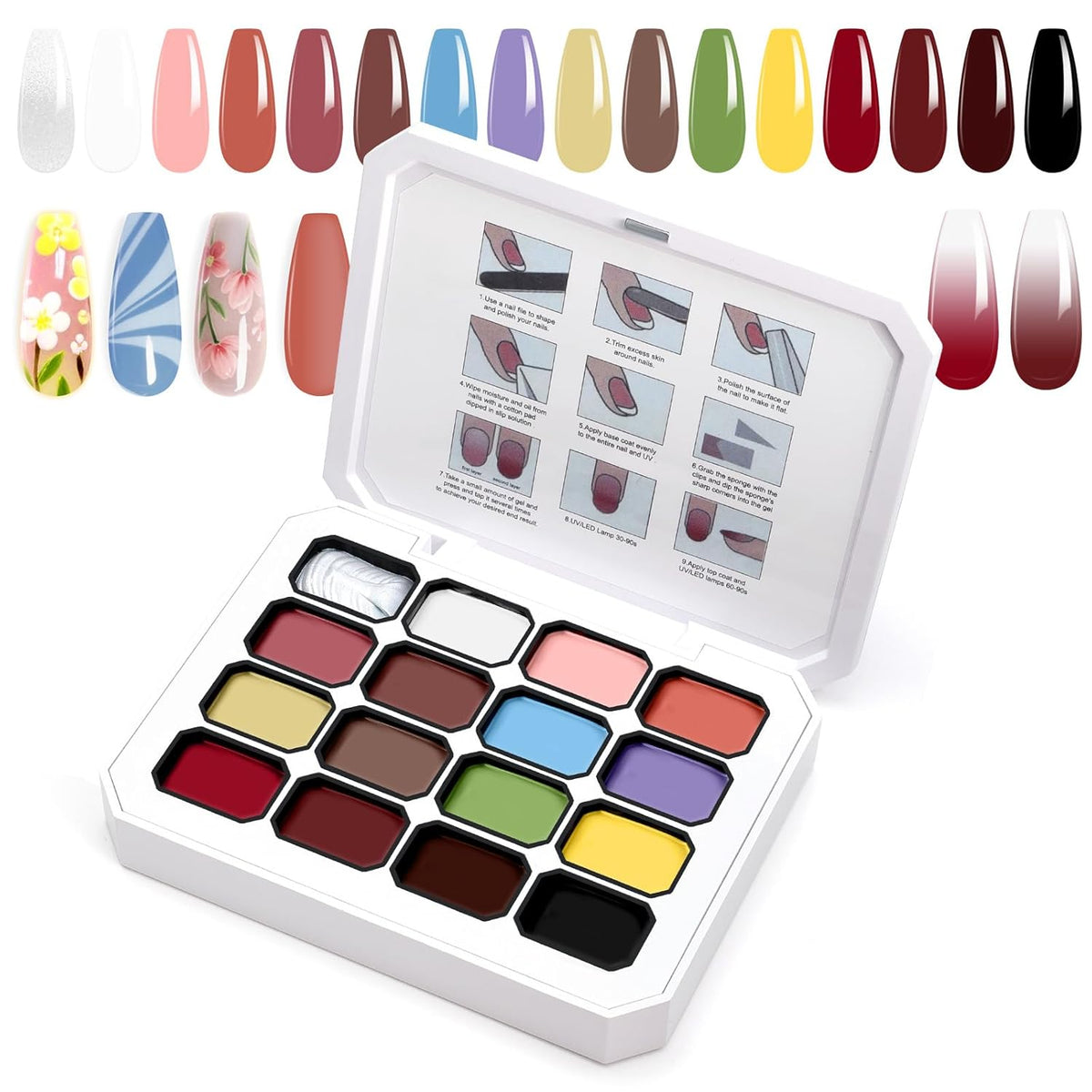 Gradient Painting Gel, 16 Colors Ombre Nail Polish for Pigmented Pat Painting Gel Nude White＆Black Color French Manicure DIY Nail Art Long-lasting No-wipe DIY Palette VelvetSpectrum Studio