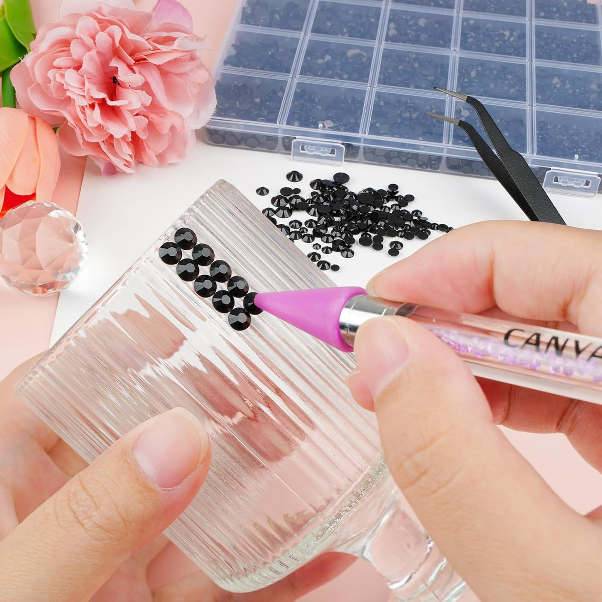 Canvalite 25000PCS Resin Jelly Rhinestones for Crafting, Black Flatback Gems, Bedazzling Crystal with 5x2.5g B7000 Jewelry Glue and Tweezers Dotting Pen for DIY Crafts Clothing Shoes Nail Art