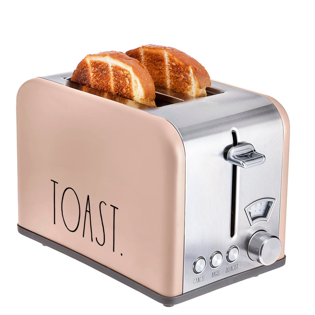 Rae Dunn Toaster, Stainless Steel 2 Slice Square Toaster, Wide Slot with 5 Browning Levels, with Bagel, Defrost and Cancel Options (Blush)