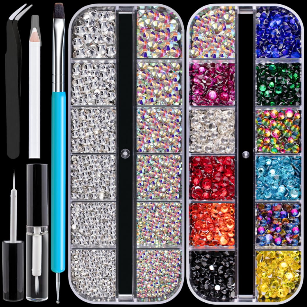 Colorful Face Gems for Makeup Set, Flatback Gorgeous AB&Clear Gems, Mixed-Colored Crystals with Tweezer+Picker Pencil+Makeup Glue+Dual-End Dotting Tool for Eye Hair Body Make-up and Nail Art Deco