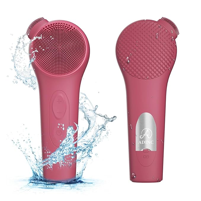 Silicone Face Scrubber, Waterproof Rechargeable Facial Cleansing Brush, 5 Cleansing Modes with Nose Brush for Women & Men Electric Facial Tool for Deep Cleaning Exfoliating, Massaging Berry