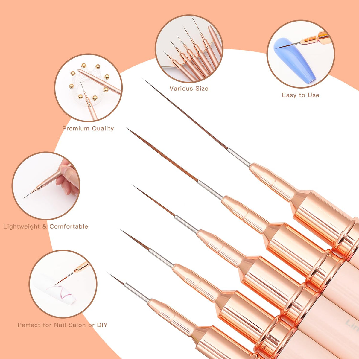 Metallic Nail Art Brushes, 5Pcs Liner Brush Set, UV Gel Polish Painting Art Design Pen for Long Lines, Thin Details, Fine Drawing Sizes 4/8/12/20/25mm(Champagne Gold)