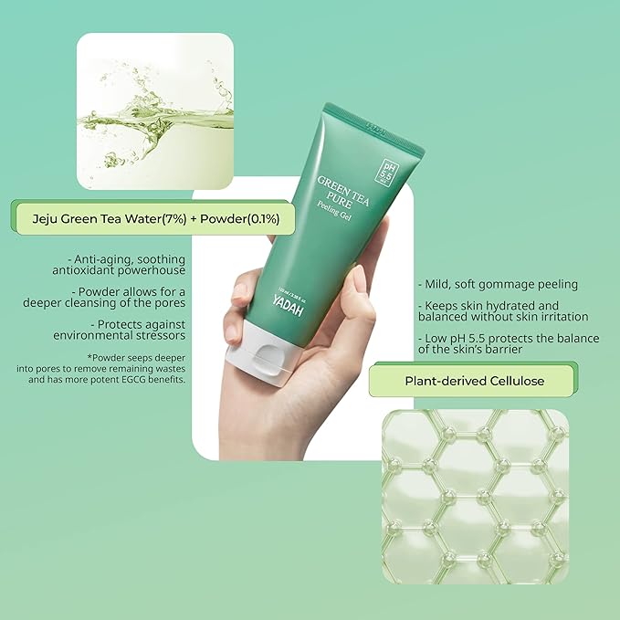 YADAH Green Tea Pure Peeling Gel, 3.4 Fl Oz - pH Balanced Exfoliating Gel with Natural Cellulose for Smooth, Resurface and Even Skin for Moisture Balance