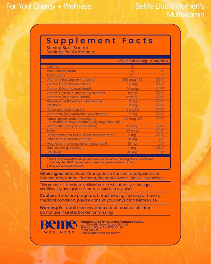 BeMe Liquid Multivitamin for Women - 2X Faster Absorption & High Bioavailability - Vitamin C+E, D, K, Calcium, Zinc, Magnesium - Clinically Tested Womens Multivitamin, Non-GMO, Soy, Dairy Free