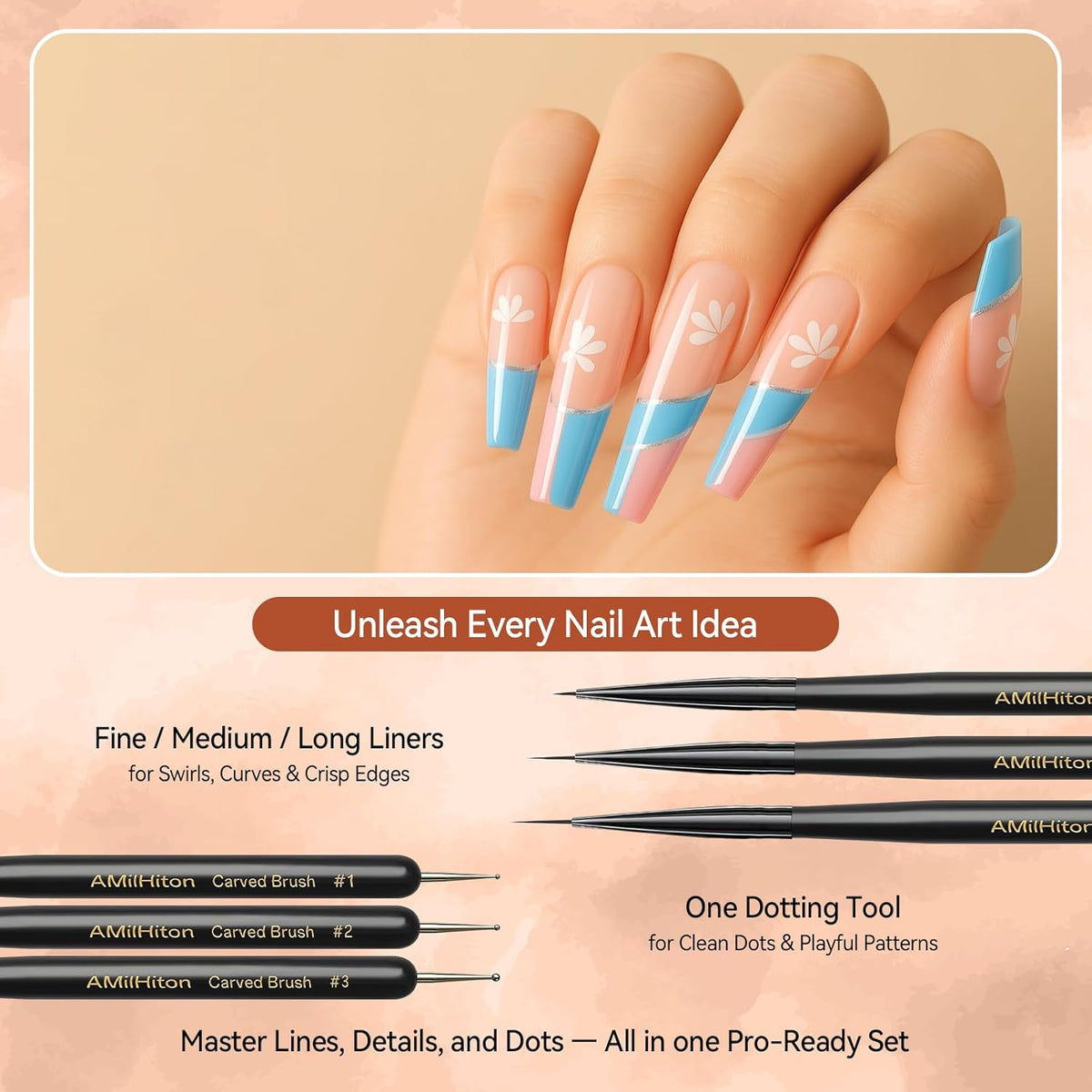 8PCS Nail Art Brushes for Builder Gel, Polygel & Polish – Flat, Round, Liner, French Tip & Detail Brushes for 3D Acrylic Flowers – Professional Nail Painting & Design Tools